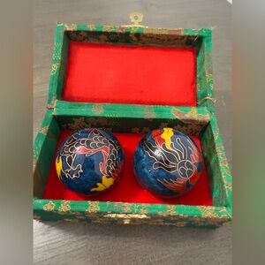Vintage Blue Dragon Iron Balls Chinese Baoding Cloisonné Balls with Brocade Box